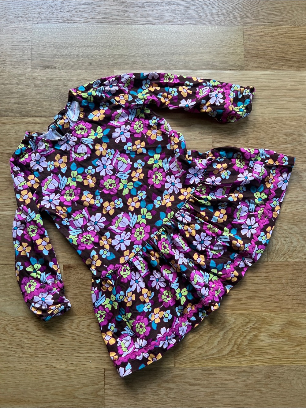 Hanna Andersson Brown Floral One-Piece Dress with Pink, Yellow & Green Flowers